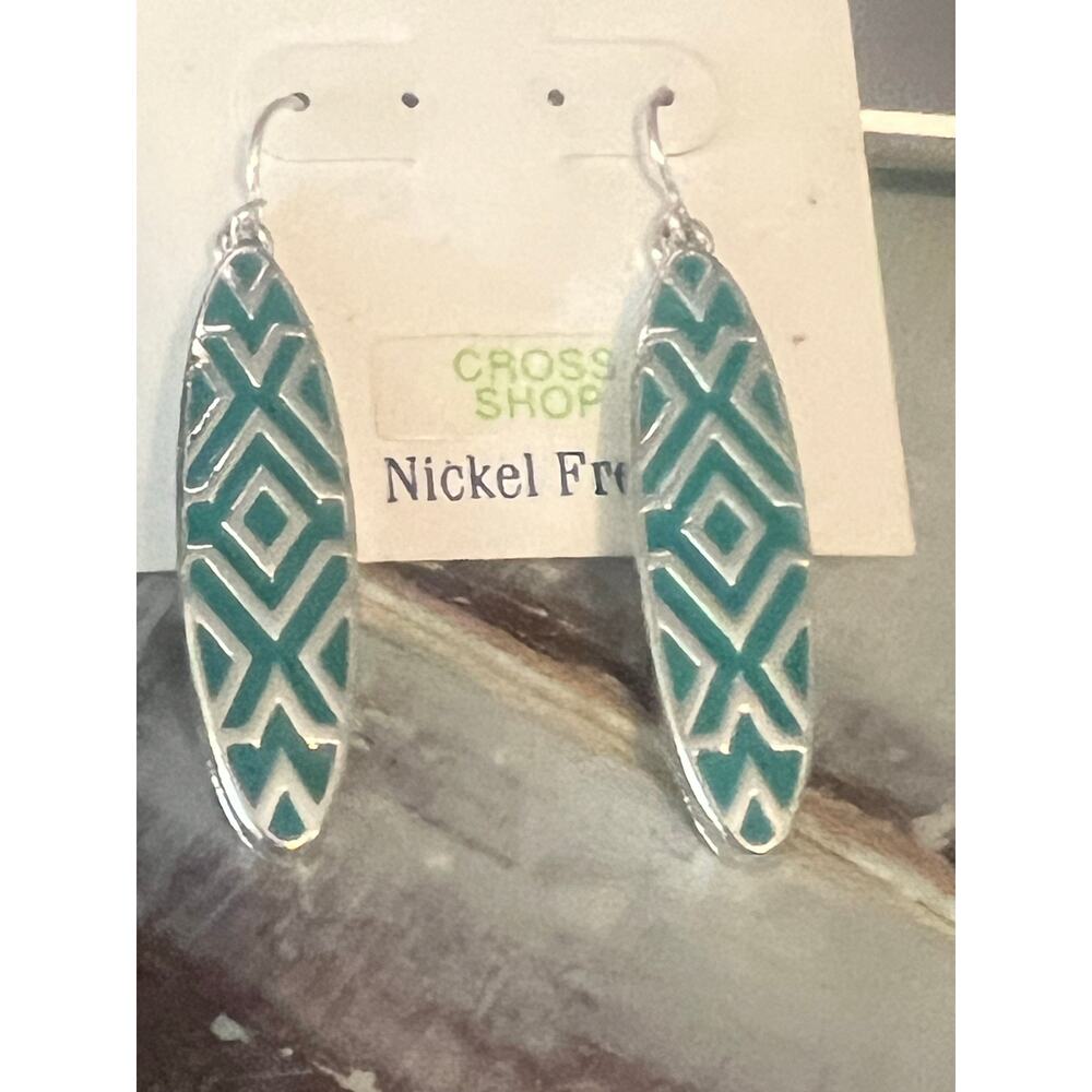 NWT Chaps Nickle Free Dangling Earrings Chrome & Teal Oval Shaped Tribal Design
